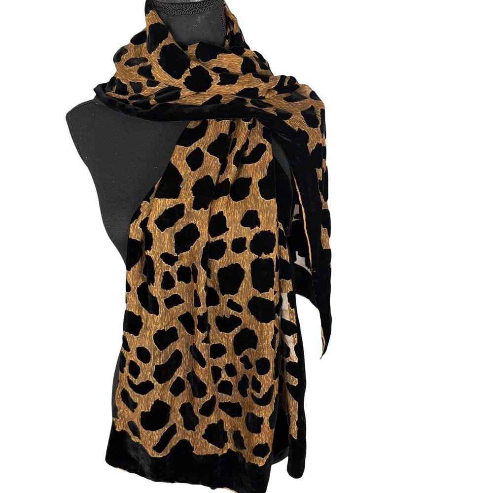 Leopard Print Silk Velvet Burnout Scarf Wrap Gold Black Animal Print Shawl